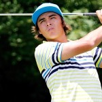 Rickie Fowler posing after an iron shot during the 2013 US Open at Merion Golf Club and wearing the Puma Golf autumn/winter 2013 collection.