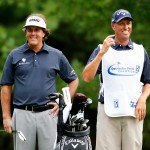 Phil Mickelson and caddie, Jim Bones Mackay, smiling