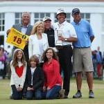 Phil Mickelson with his family, coach and caddie, Jim Bones Mackay after winning the 2013 Open Championship at Muirfield