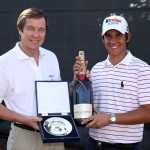 Matteo Manassero at the Dubai World Championship being award the Rooke of the Year award