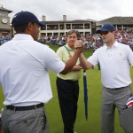 Presidents Cup 2013, Tiger Woods celebrating with Zach Johnson