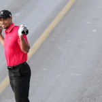 Tiger Woods in Turkey hitting a shot across the Bosphorus Bridge, which connects Europe and Asia